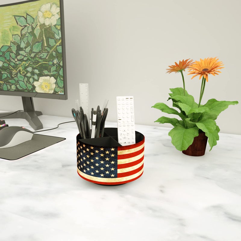 Hennaja Round Leather Art Supply Organizer Remote Control Holder 360 Degree Rotating Multi-Functional Pencil Holder 4 Compartments Desktop Stationary Organizer(1-American Flag) - Image 5